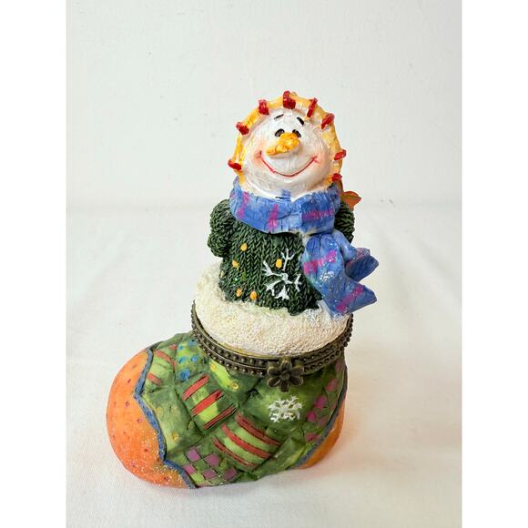 Other Other - Green Whimsical Patchwork Glittery Holiday Resin Snowman Trinket Box